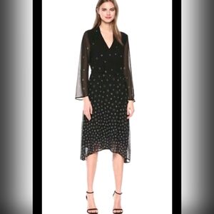 Anne Klein Black Versailles Print Sheer Drawstring Midi Dress Size 12 Black NWT